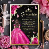 Hot Pink Floral Butterfly Black Quinceanera Gold Folieneinladung