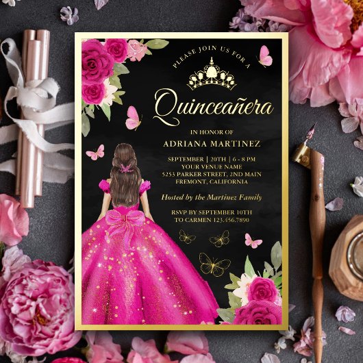 Hot Pink Floral Butterfly Black Quinceanera Gold Folieneinladung
