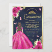 Hot Pink Floral Butterfly Navy Gold Quinceanera Einladung (Vorderseite)