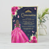 Hot Pink Floral Butterfly Navy Gold Quinceanera Einladung (Stehend Vorderseite)
