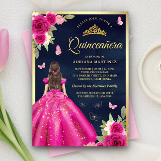Hot Pink Floral Butterfly Navy Gold Quinceanera Einladung