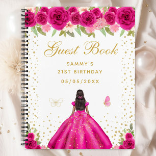 Hot Pink Floral Dark Skin Princess Gästebuch Notizblock