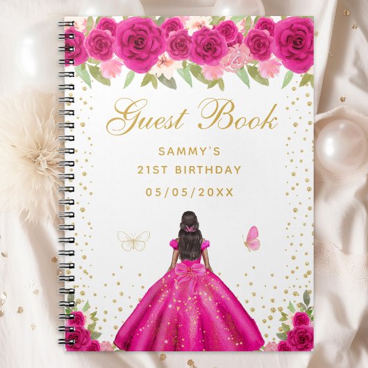 Hot Pink Floral Dark Skin Princess Gästebuch Notizblock