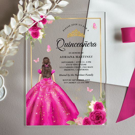 Hot Pink Floral Dress Butterfly Gold Quinceanera Acryleinladungen