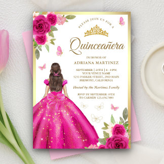 Hot Pink Floral Dress Butterfly Gold Quinceanera Einladung