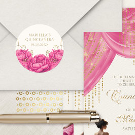 Hot Pink Floral Elegante Quinceanera Runder Aufkleber
