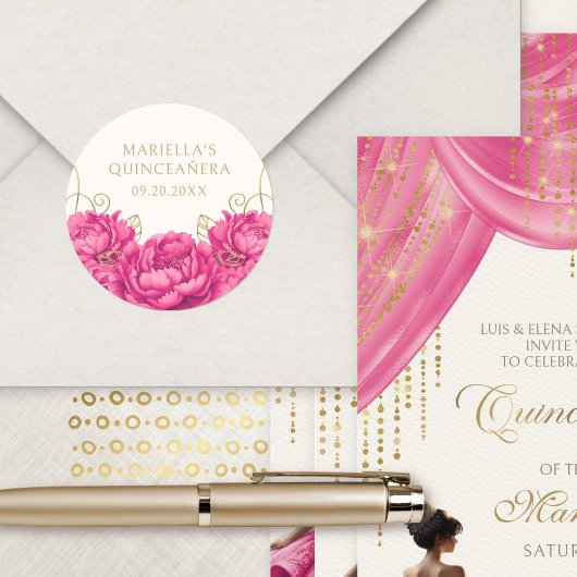 Hot Pink Floral Elegante Quinceanera Runder Aufkleber