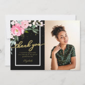 Hot Pink Floral Foto Abschluss Danke Karte (Vorderseite)