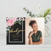 Hot Pink Floral Foto Abschluss Danke Karte (Stehend Vorderseite)
