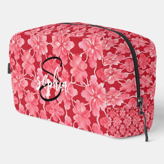 Hot Pink Floral Monogram Name Script Toiletry Bag Waschbeutel (Rechte Ecke)