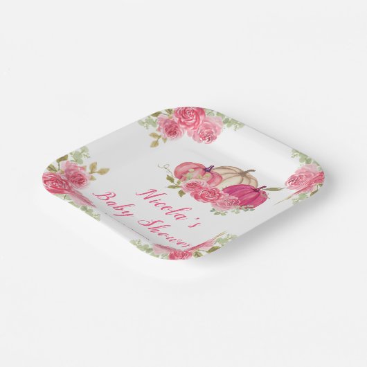 Hot Pink Floral Pumpkins Baby Dusche Pappteller (Gewinkelt)