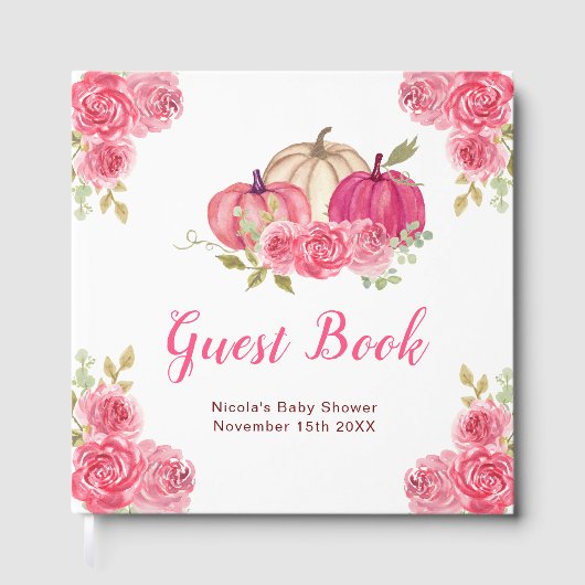 Hot Pink Floral Pumpkins Baby Shower Gästebuch (Vorderseite)