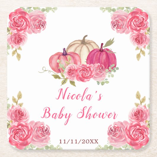 Hot Pink Floral Pumpkins Baby Shower Rechteckiger Pappuntersetzer (Vorderseite)