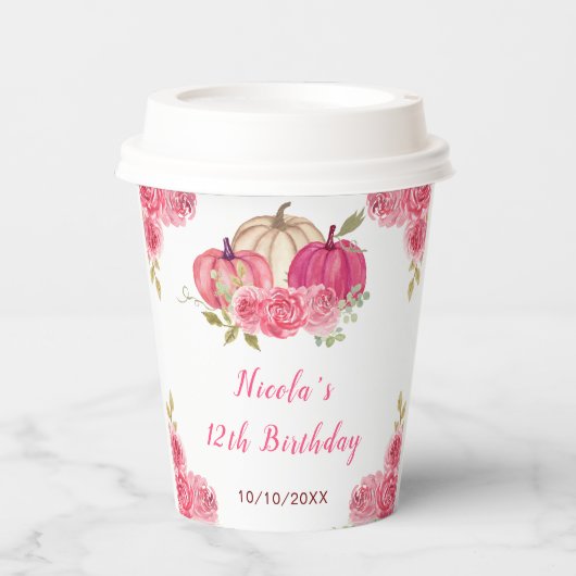 Hot Pink Floral Pumpkins Geburtstag Pappbecher (Vorderseite)