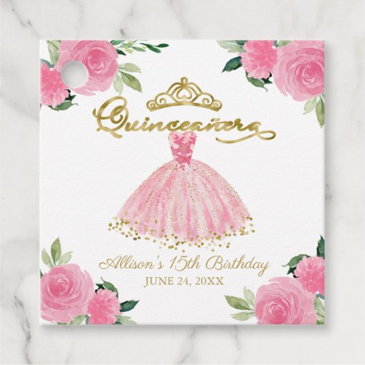 Hot Pink Floral Quinceanera Geschenkanhänger (Vorderseite)