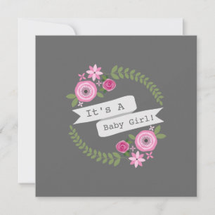 Hot Pink Floral Wreath & Banner Girl Babydusche Einladung