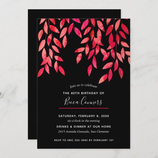 Hot Pink Foliage Schwarzer Geburtstag Einladungen (Vorne/Hinten)