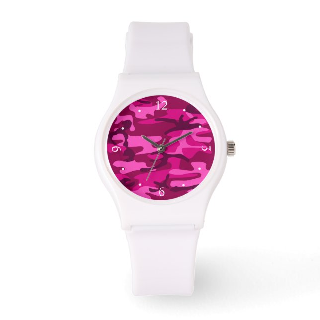 Hot Pink Fuchsia Camouflage Camouflage Girl Patter Armbanduhr (Vorderseite)