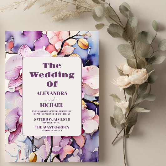 Hot Pink Fuchsia Wasserfarben Orchideen Hochzeit Einladung