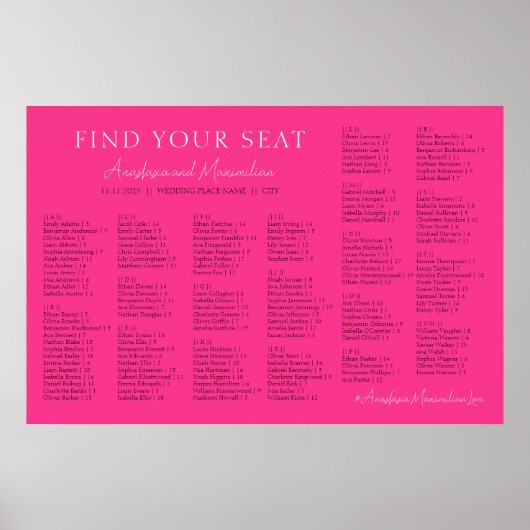 Hot Pink Fuchsia Wedding Alphabetical Seating Poster (Vorne)