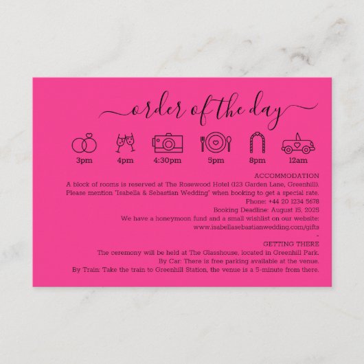 Hot Pink Fuchsia Wedding Details Order Of The Day Begleitkarte (Vorderseite)