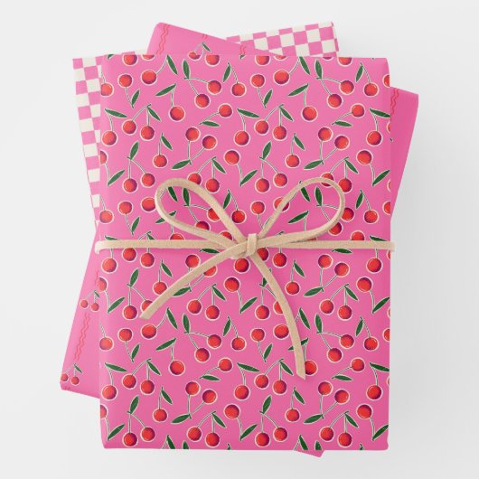 Hot Pink Funky Retro Berry Cherry und Schachbretts Geschenkpapier Set (Beispiel)
