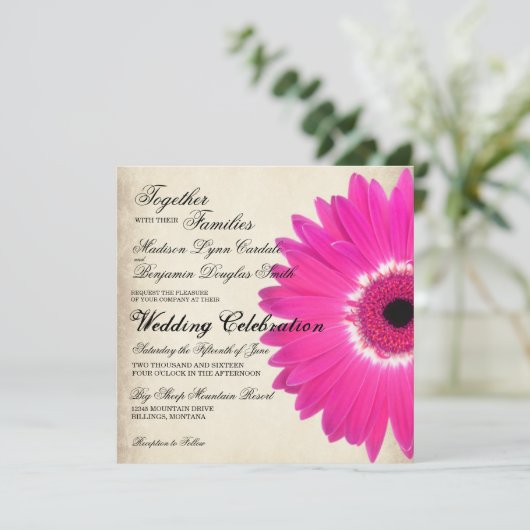 Hot Pink Gerber Daisy Rustic Wedding Einladungen (Stehend Vorderseite)