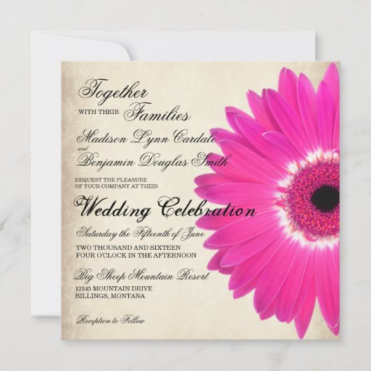 Hot Pink Gerber Daisy Rustic Wedding Einladungen (Vorderseite)