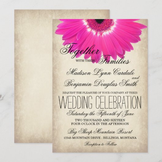 Hot Pink Gerber Daisy Rustic Wedding Einladungen (Vorne/Hinten)