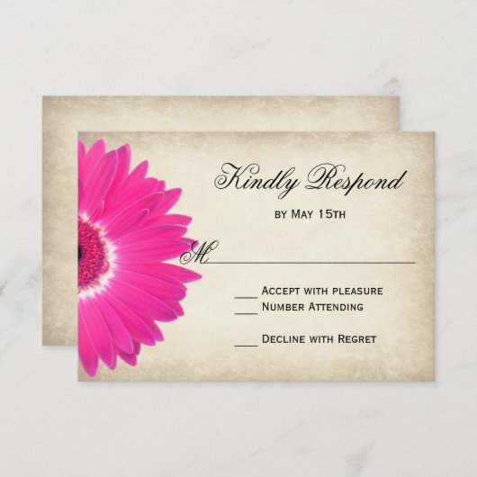 Hot Pink Gerber Daisy Rustic Wedding RSVP Cards (Vorne/Hinten)