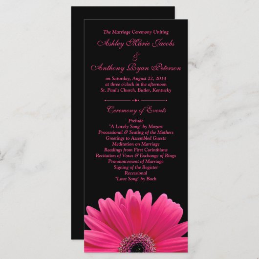 Hot Pink Gerbera Daisy Black Wedding Program Programm (Vorne/Hinten)