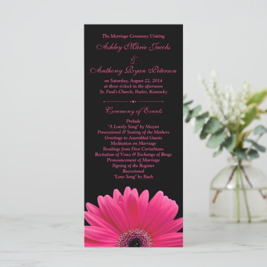 Hot Pink Gerbera Daisy Black Wedding Program Programm (Stehend Vorderseite)