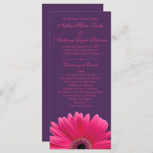 Hot Pink Gerbera Daisy Lila Wedding Program Programm (Vorne/Hinten)