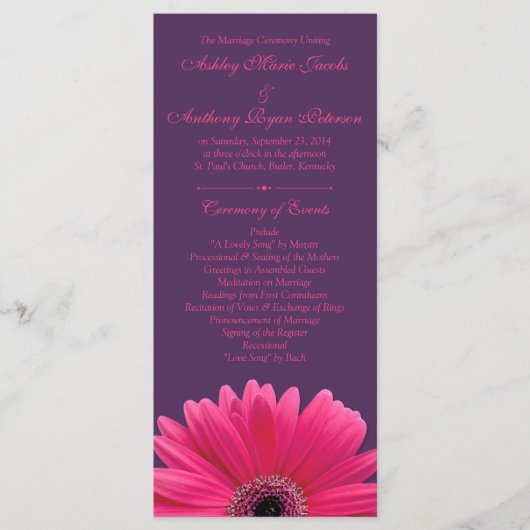 Hot Pink Gerbera Daisy Lila Wedding Program Programm (Vorderseite)