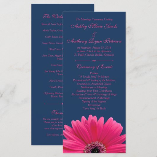Hot Pink Gerbera Daisy Navy Blue Wedding Program Programm (Vorne/Hinten)