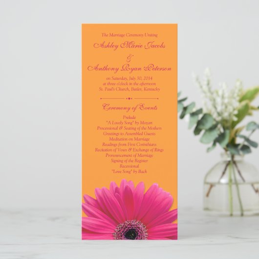Hot Pink Gerbera Daisy Orange Wedding Program Programm (Stehend Vorderseite)