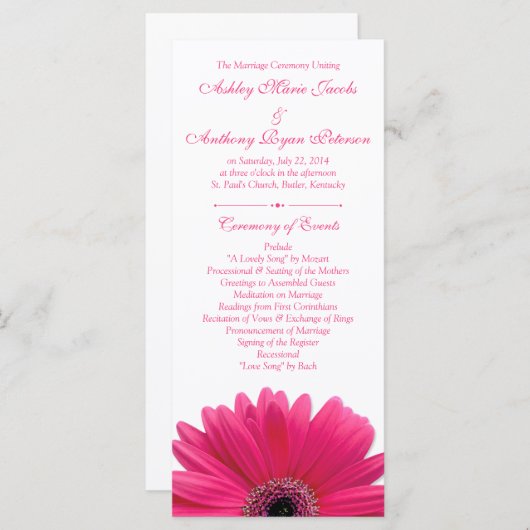Hot Pink Gerbera Daisy White Wedding Program Programm (Vorne/Hinten)
