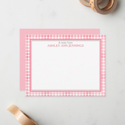 Hot Pink Gingham Check Border Personalized Mitteilungskarte (Vorderseite/Rückseite Beispiel)