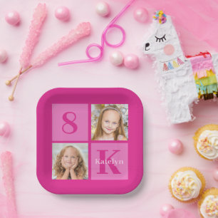 Hot Pink Girl Foto Collage Custom Geburtstagsparty Pappteller