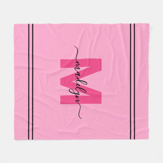 Hot Pink Girl Script Name Monogram Fleecedecke (Vorderseite (Horizontal))