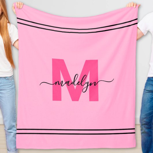 Hot Pink Girl Script Name Monogram Fleecedecke