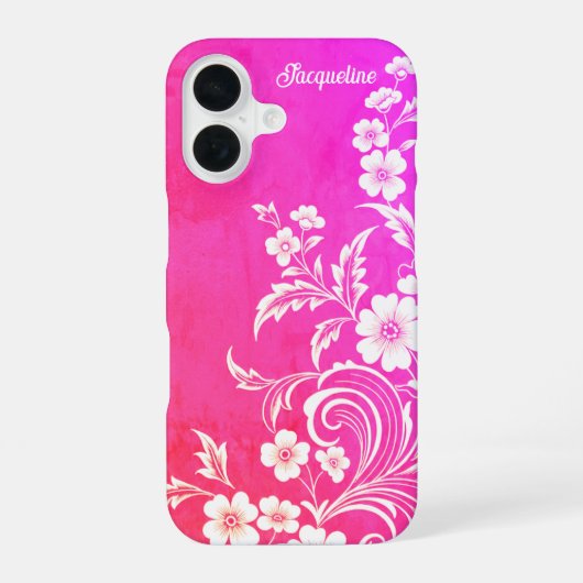 Hot Pink Glam Floral Swirl iPhone 16 Hülle (Rückseite)