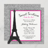 Hot Pink Glam Paris Themed Imitate Glitzer Sweet 1 Einladung (Vorne/Hinten)