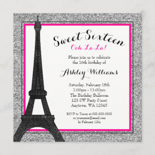 Hot Pink Glam Paris Themed Imitate Glitzer Sweet 1 Einladung