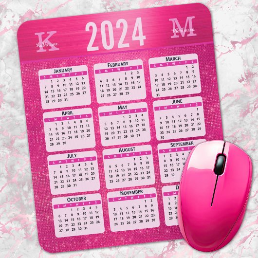 Hot Pink Glam Sparkle Monogram Name 2024 Calendar Mousepad