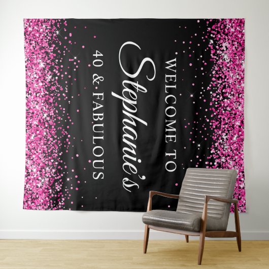 Hot Pink Glitter Black 40 & Fabulous Welcome Wandteppich (Beispiel (Horizontal))