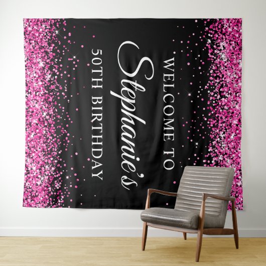 Hot Pink Glitter Black 50th Birthday Welcome Wandteppich (Beispiel (Horizontal))
