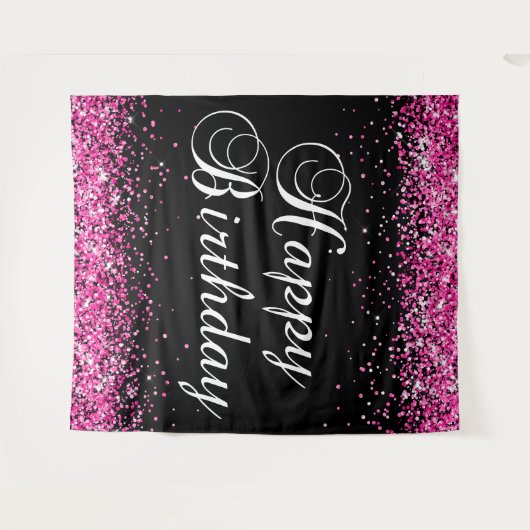 Hot Pink Glitter Black Happy Birthday Wandteppich (Vorderseite (Horizontal))