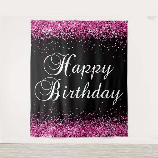 Hot Pink Glitter Black Happy Birthday Wandteppich (Vorderseite)