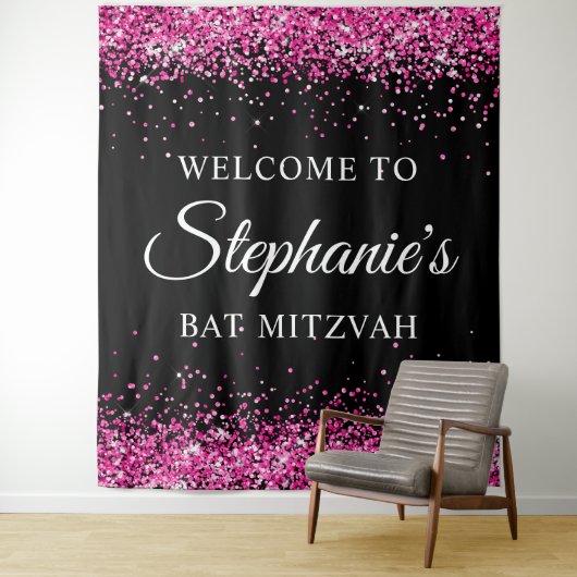 Hot Pink Glitter Black Sweet 16 Birthday Welcome Wandteppich (Beispiel)